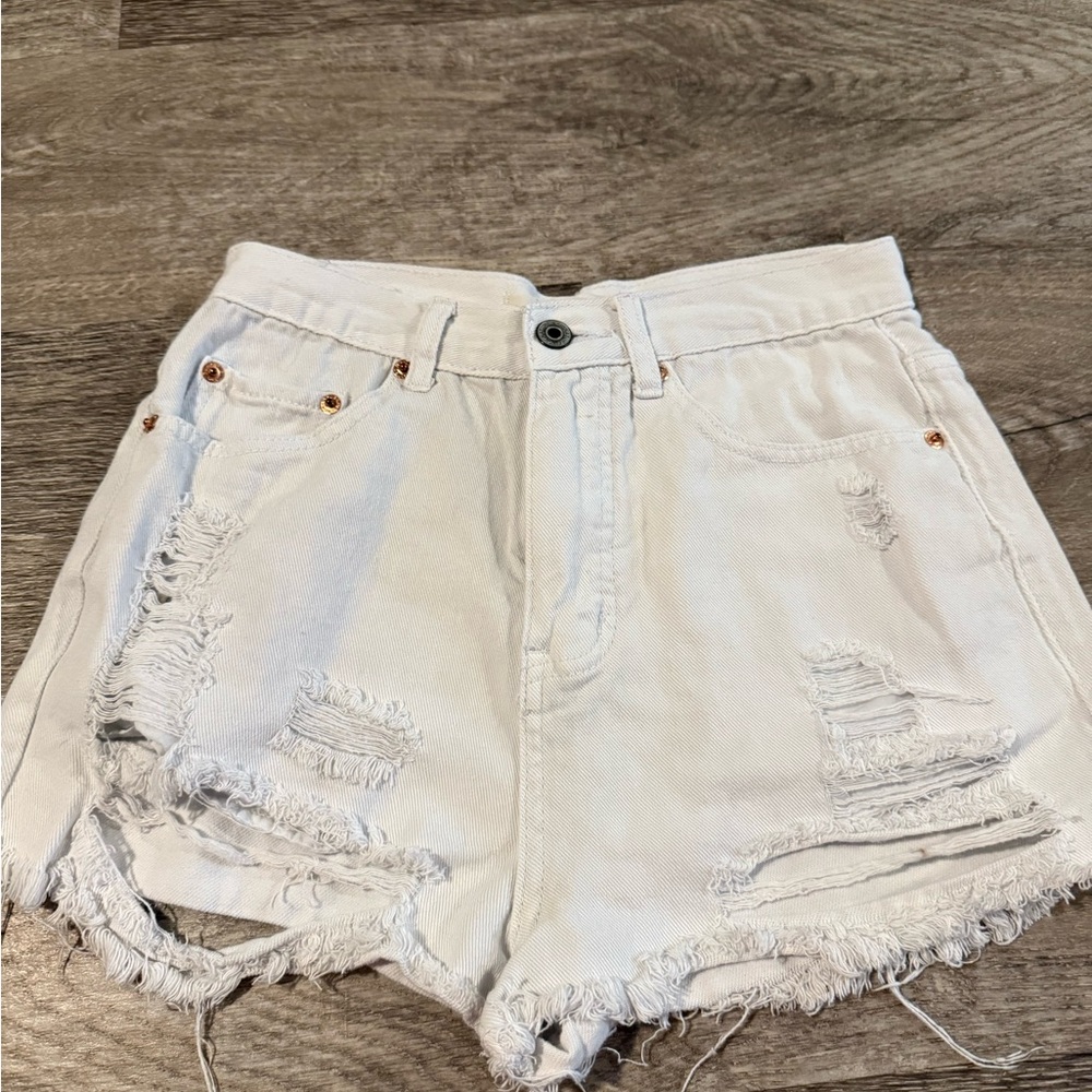 White Distressed Jean Shorts with Raw Hem